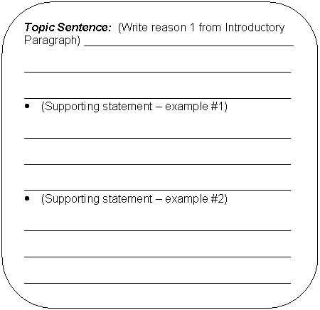 Rounded Rectangle: Topic Sentence:  (Write reason 1 from Introductory Paragraph) _________________________________    __________________________________________    __________________________________________  •	(Supporting statement – example #1)    __________________________________________    __________________________________________    __________________________________________  •	(Supporting statement – example #2)    __________________________________________    __________________________________________    __________________________________________  